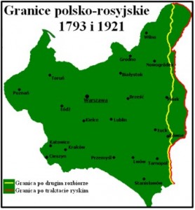 Powyższa mapka przedstawia granice wschodnie Polski po Pokoju Ryskim